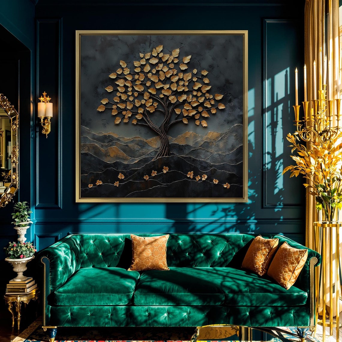 Gold Tree Of Life Dark Rolling Hills Autumn Leaves Square Art Poster