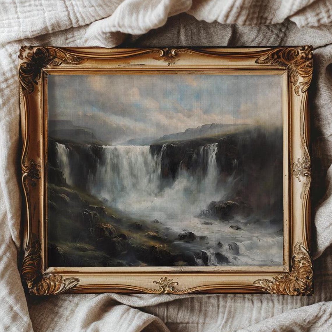 Misty Icelandic Waterfall Vintage Landscape Travel Wall Poster
