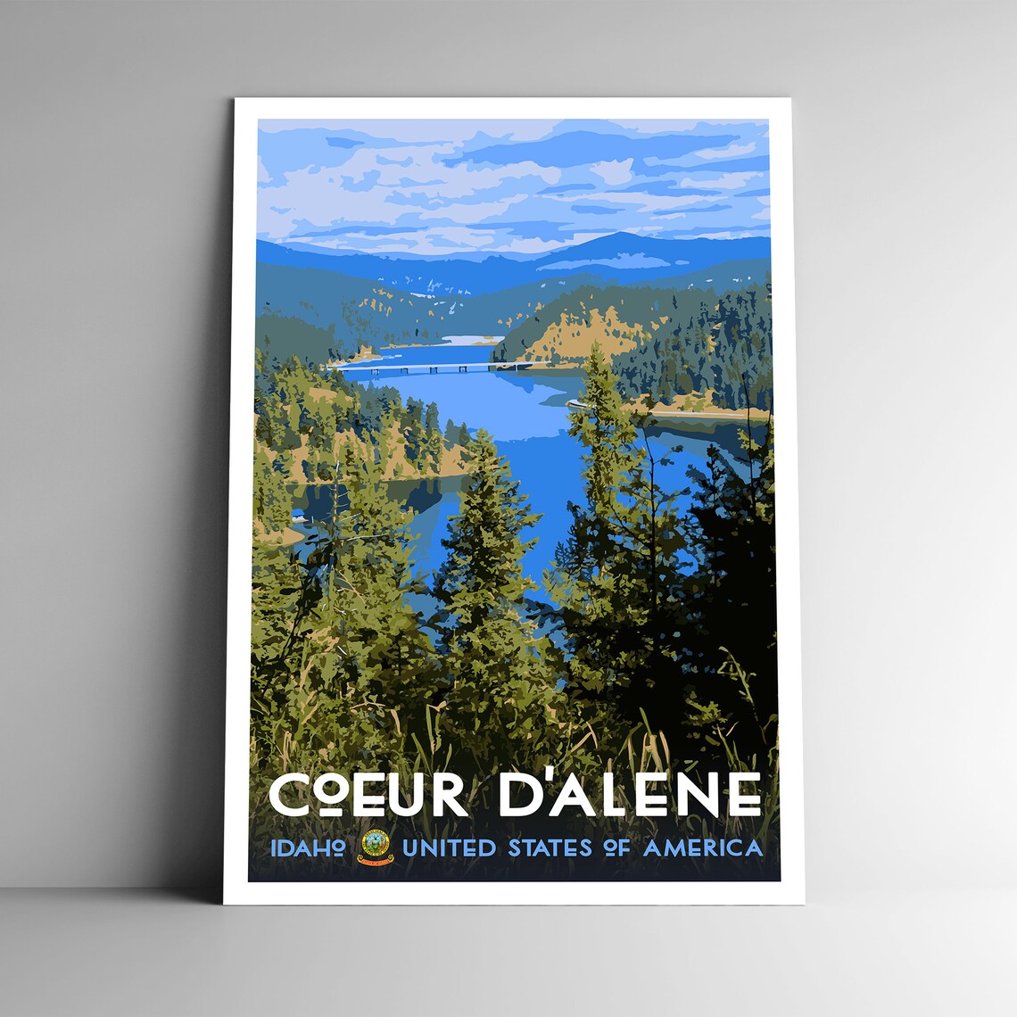 Coeur Dalene Idaho Vintage Style Travel Poster 8x10 12x18 18x24 24x36 4x6 Postcard Wpa Style Mountains Usa Art Print