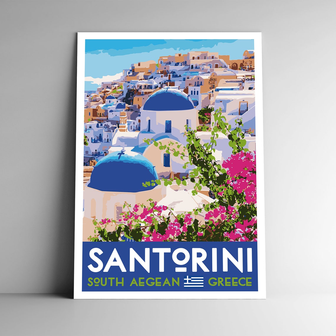 Santorini Greece Blue Domed Churches Bougainvillea Travel Poster Art