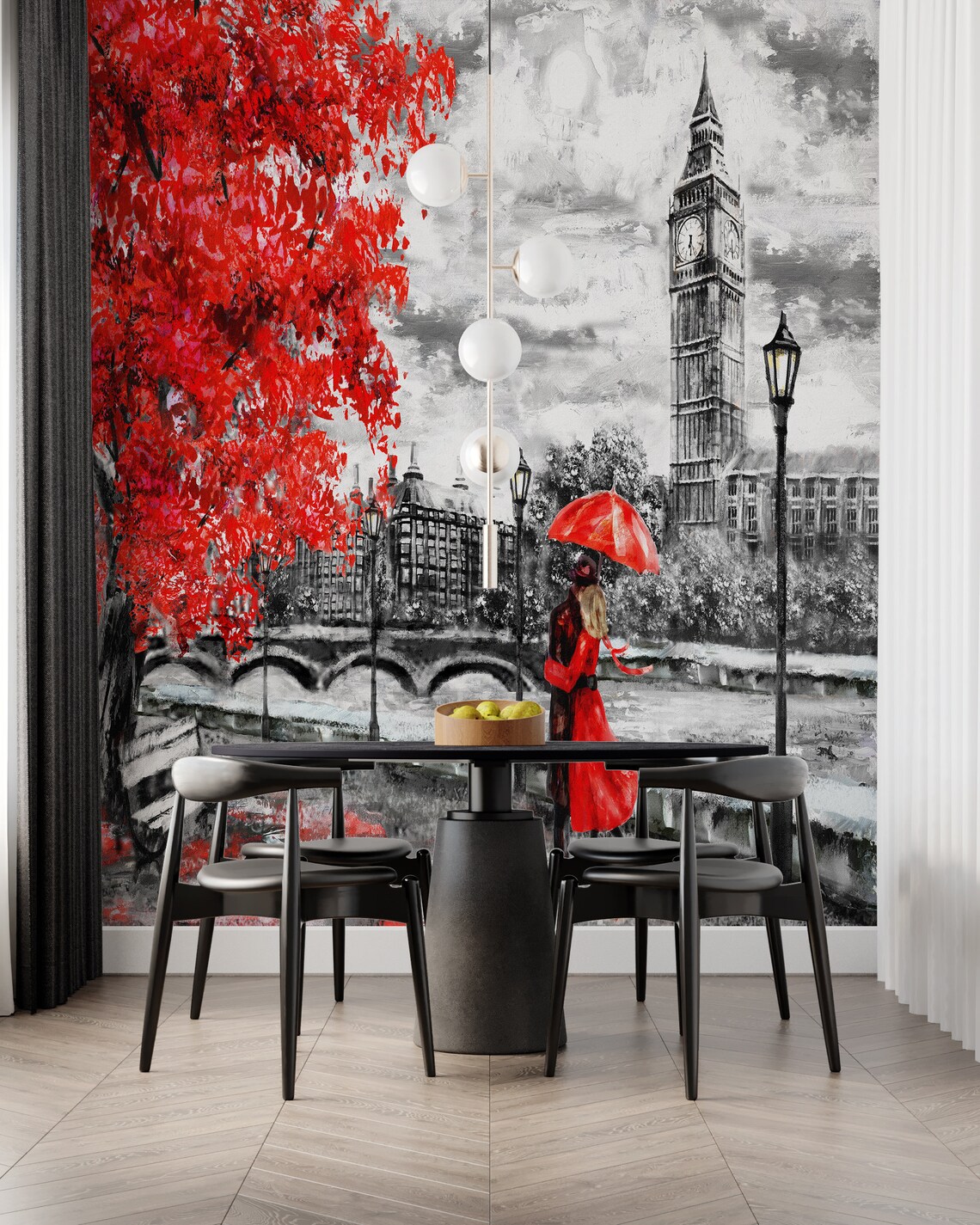 Couple With Red Umbrella, London Landscape Art Print - Image 4