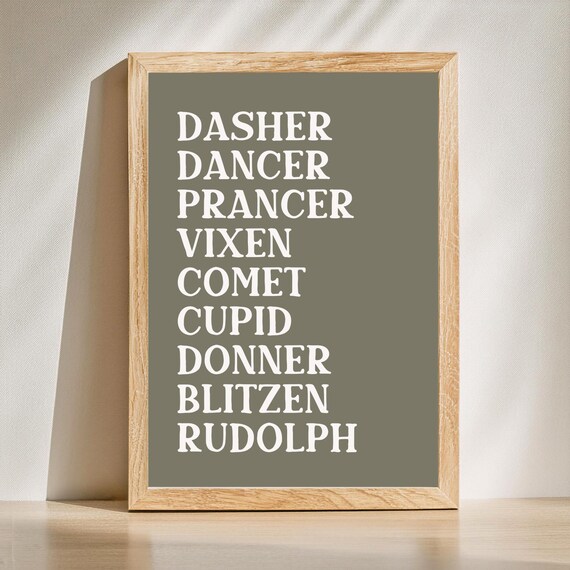 Santa's Reindeer Names List Farmhouse Christmas Typography Poster