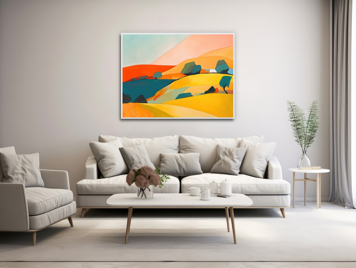 Elegant Teal And Gold Abstract Rolling Hills Under Peach Sky Poster - Image 3