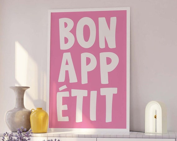 Bon Apptit Print Art Pink Kitchen Decor Foodie Art Poster Cute Trendy Wall Art