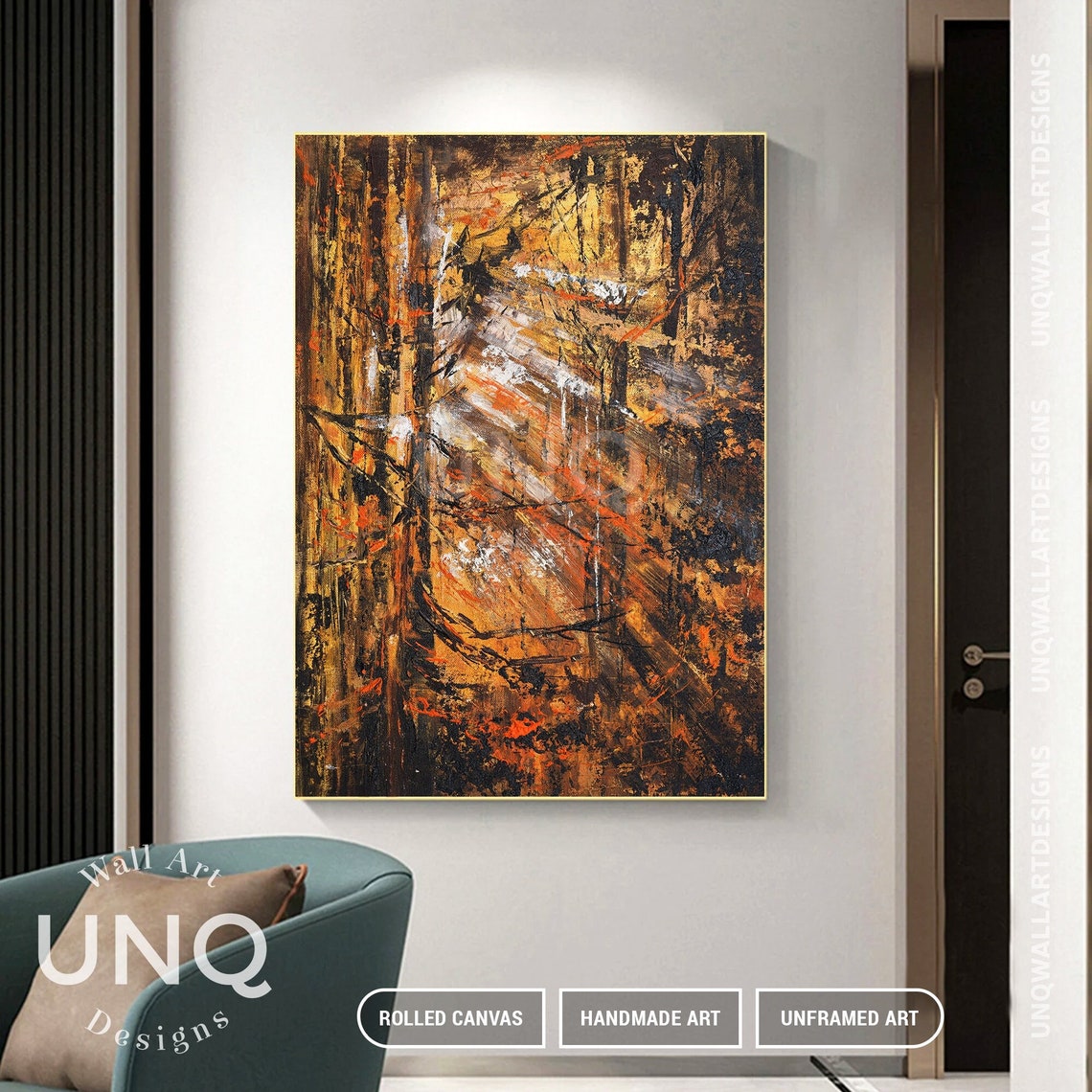 Golden Autumn Forest Abstract Impasto Painting Orange Brown Poster - Image 2