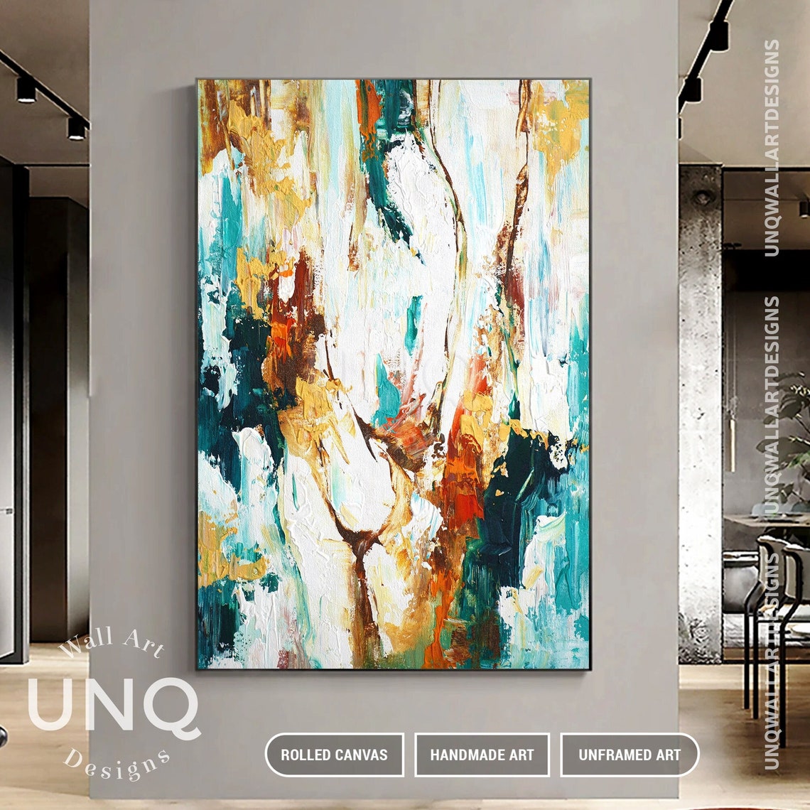Teal White And Gold Floral Impasto Modern Abstract Oil Painting Poster - Image 6