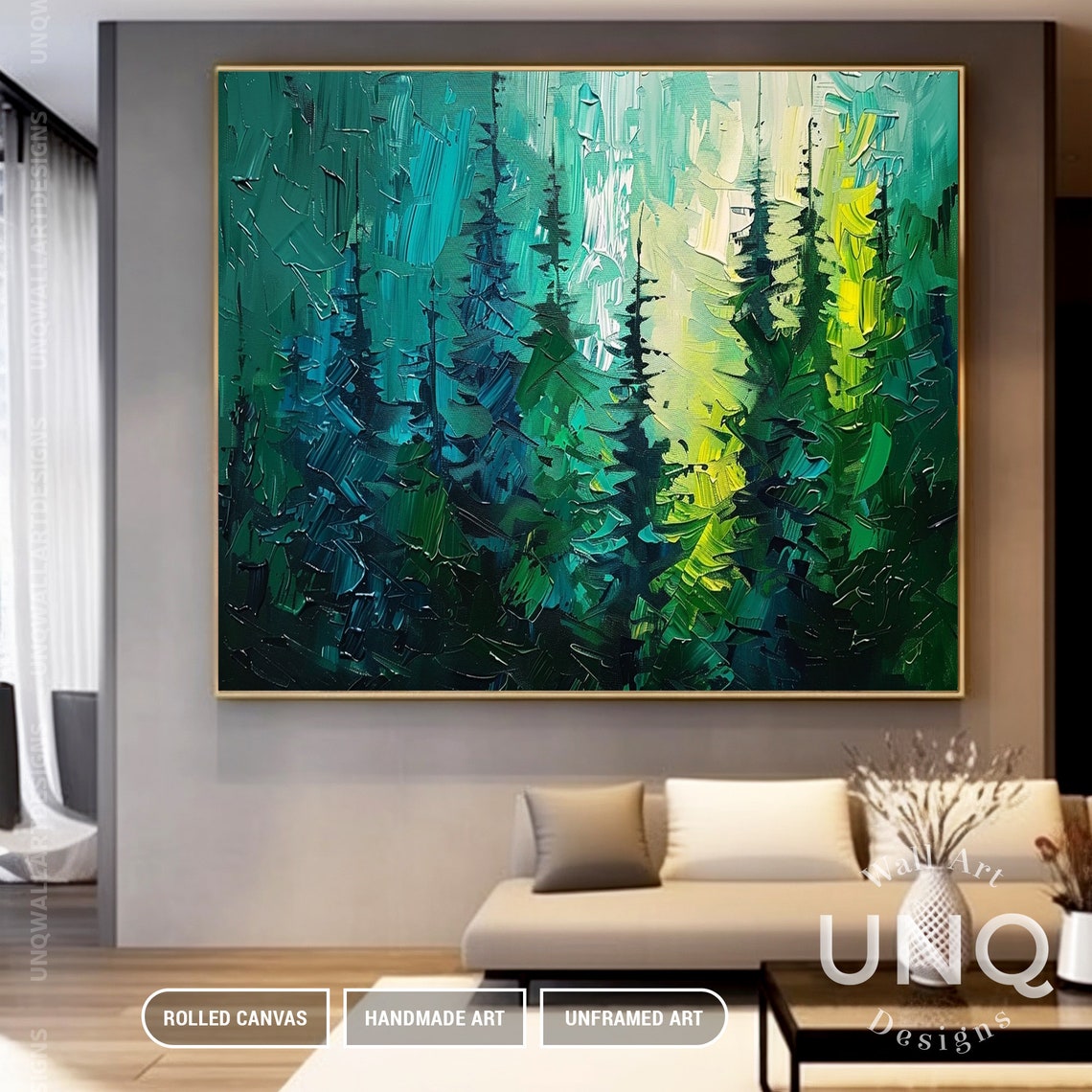 Green Pine Forest Palette Knife Trees Modern Nature Painting Poster - Image 7