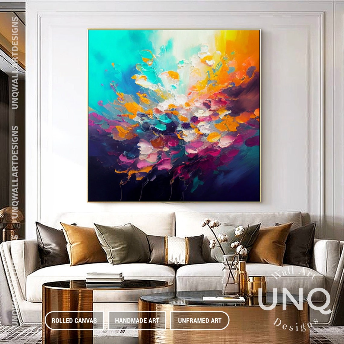 Colorful Abstract Floral Burst Explosion Oil Painting Turquoise Poster - Image 4