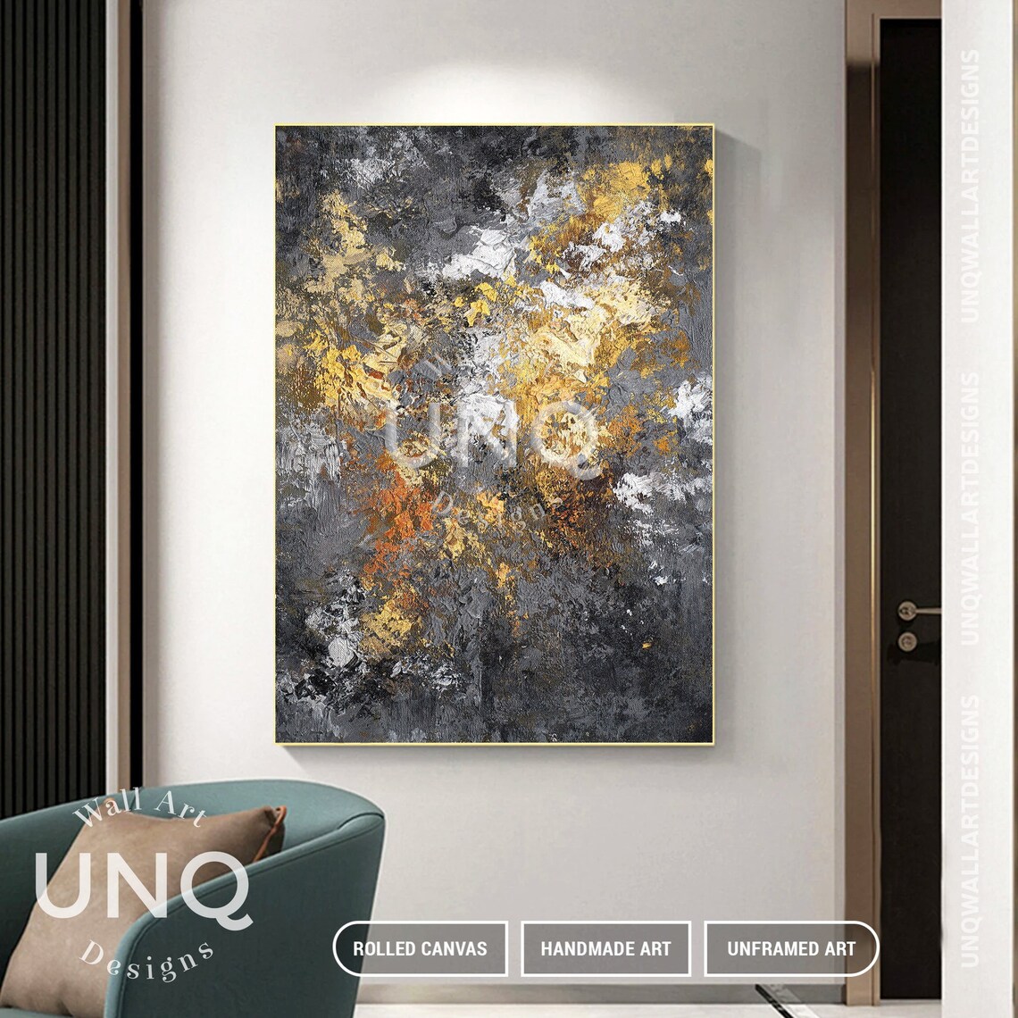 Gold Foil Original Wall Art Abstract Painting Gray Black Gold Original Palette Knife Painting Hand Painted Textured Abstract Wall Decor - Image 4