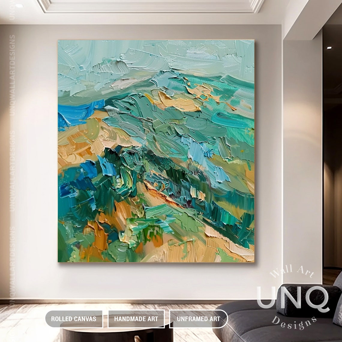 Original Mountain Scenery Painting On Heavy Green Palette Knife Texture Wall Art Unique Stylish Mountain Landscape Wall Decor - Image 3