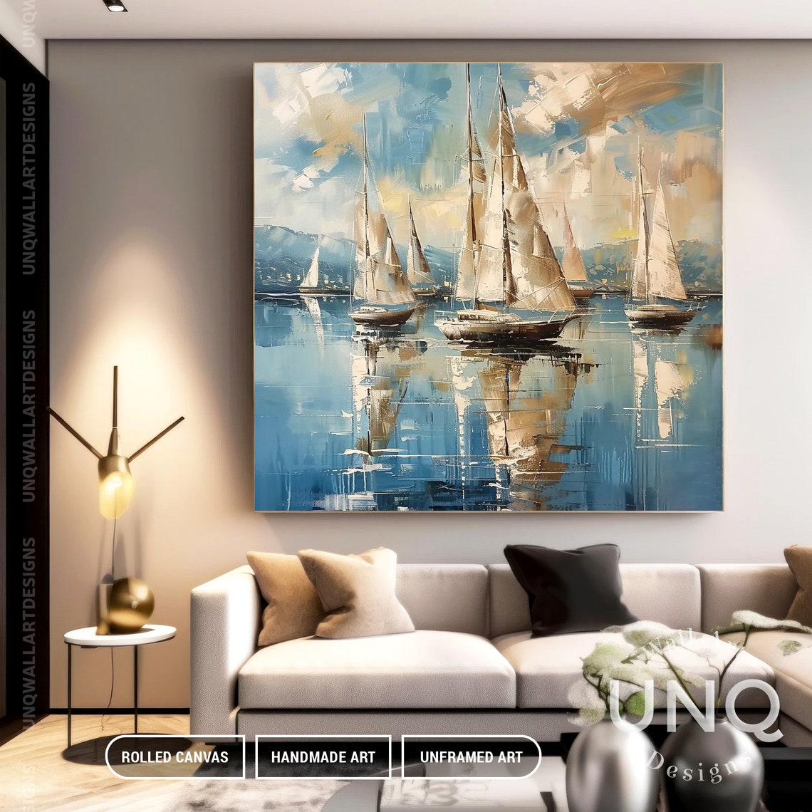Original Nautical Sailboat Oil Painting On Extra Large Blue Ocean Wall Decor Master Bedroom Sail Harbor Wall Painting Gift - Image 2