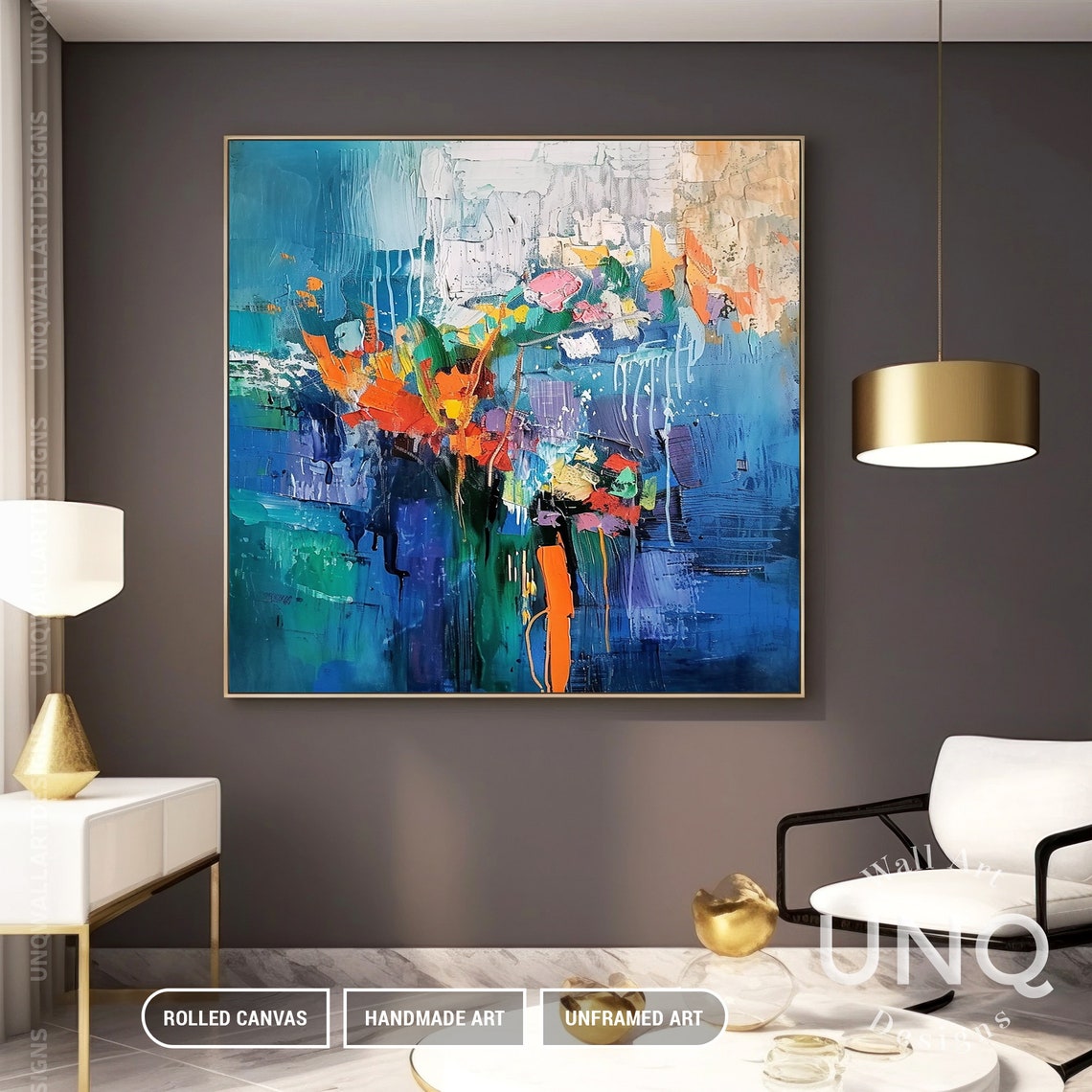 Orange Red Bouquet On Blue Vase Abstract Modern Floral Art Poster - Image 3