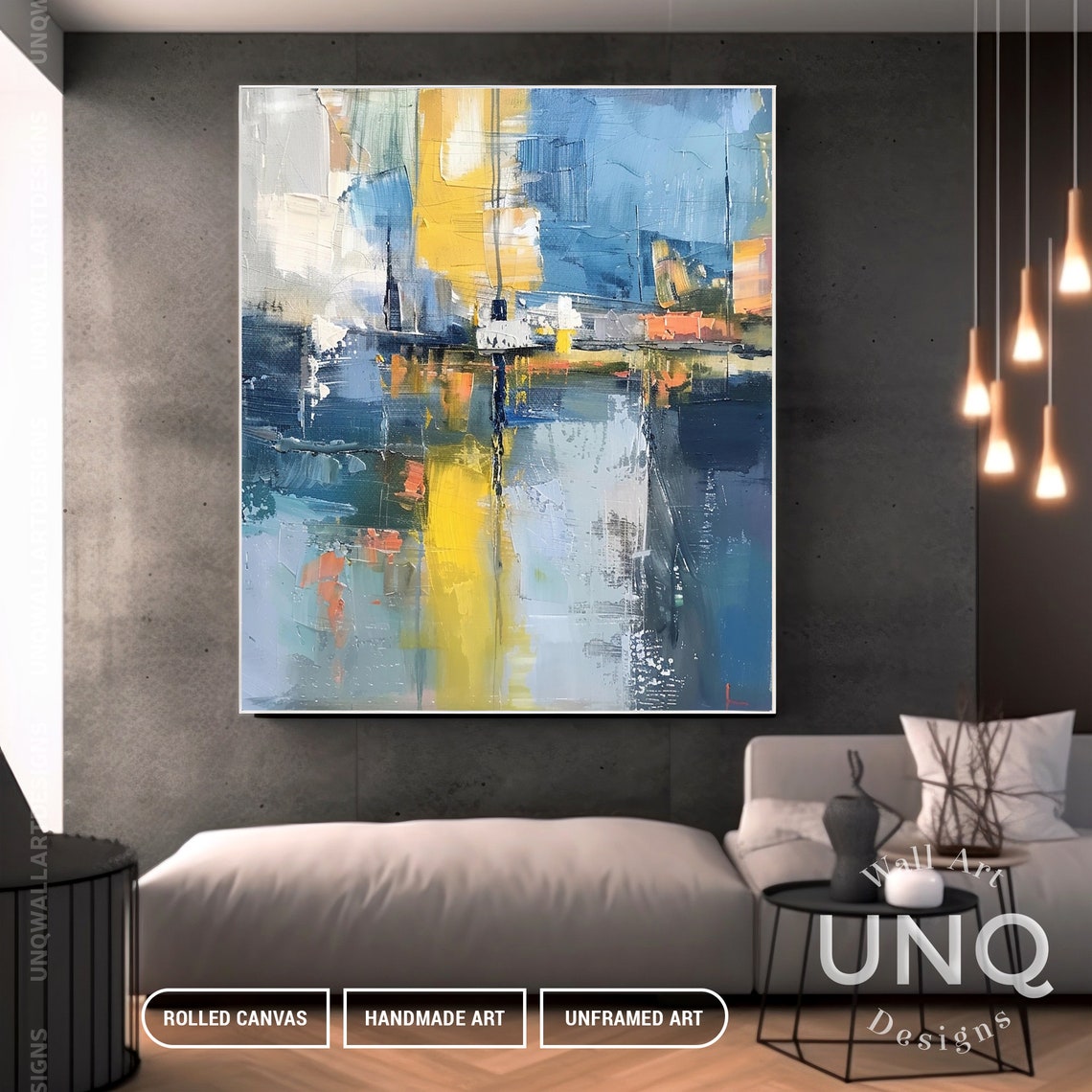 Blue And Yellow Abstract Cityscape Reflections Modern Urban Poster - Image 6