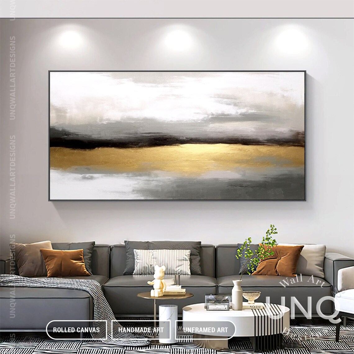 Grey And Gold Abstract Painting Misty Horizon Band Minimalist Poster - Image 7