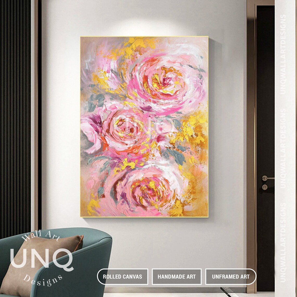 Pink Rose Trio Abstract Oil Painting Gold Floral Romantic Decor Poster - Image 4