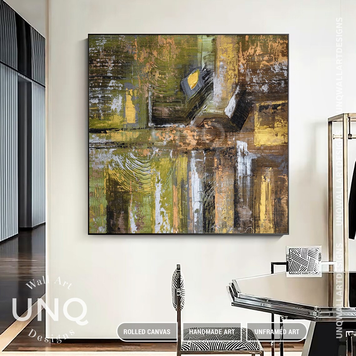 Unique Green And Gold Artwork Luxury Line Texture On Original Abstract Boxes Wall Art Modern Geometric Art Sofa Wall Decor - Image 3
