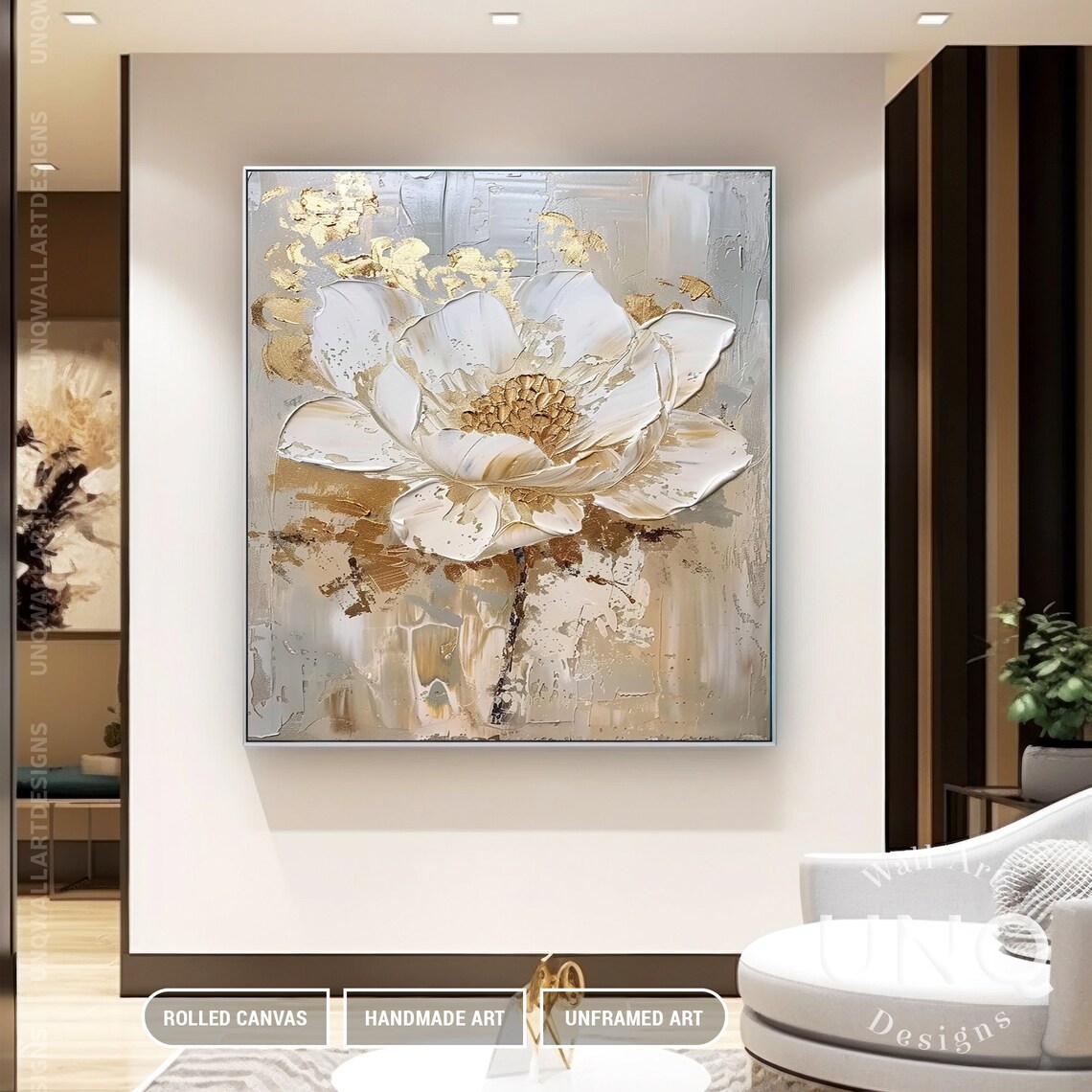 Luxury Golden Flower Wall Art 3d Heavy Floral Painting On Large Bohemian Custom Flower Room Art Trendy Wall Gift For Her - Image 5