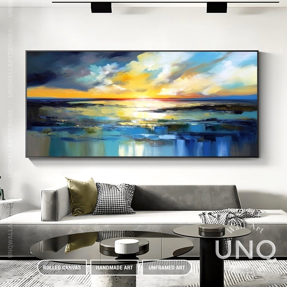 Dramatic Sunset Seascape Painting Golden Clouds Over Blue Sea Poster - Image 4
