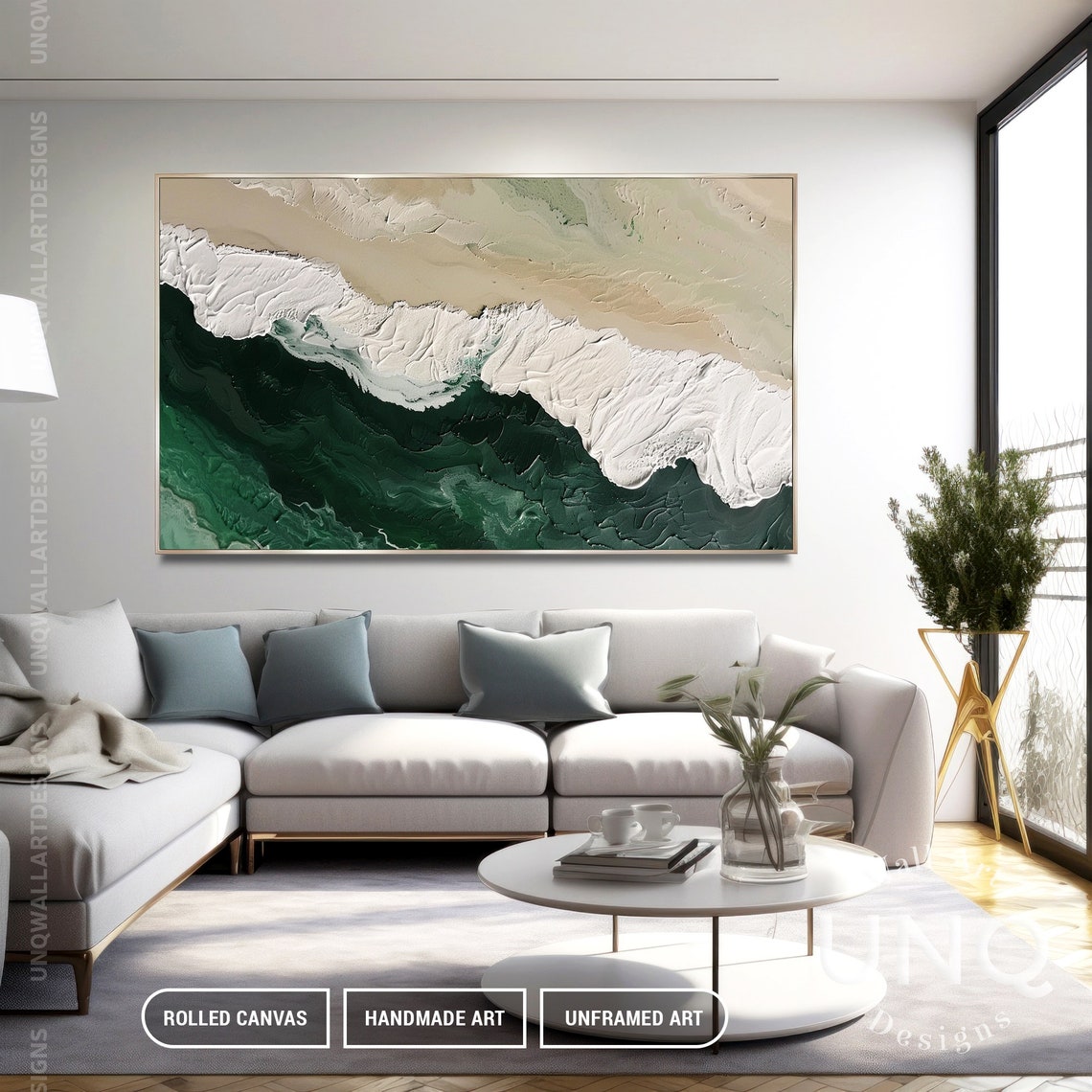 Emerald Green And Beige Abstract Sea Waves Heavy Impasto Art Poster - Image 3