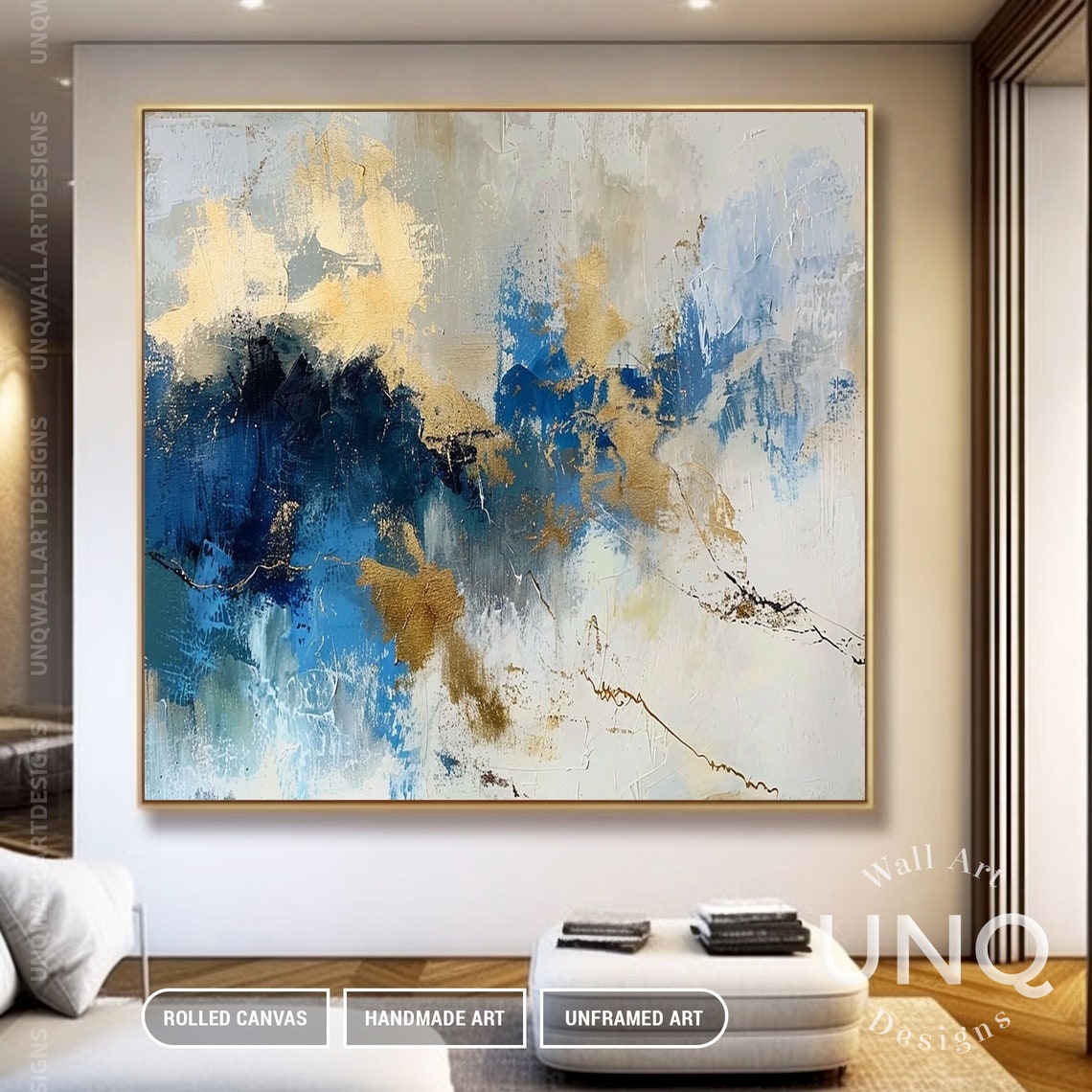 Navy Blue Gold And Cream Waves Modern Luxury Abstract Art Poster - Image 5