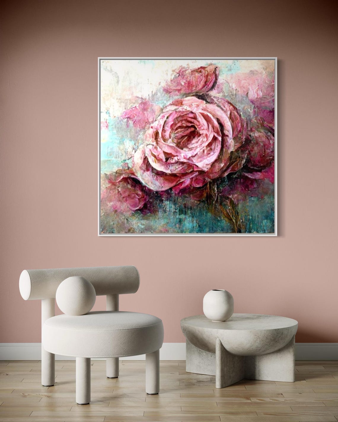 Pink Roses On Teal Grey Textured Floral Oil Painting Art Poster - Image 3