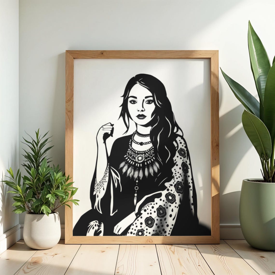 Boho Woman Portrait Line Art Print Minimalist Fashion Illustration