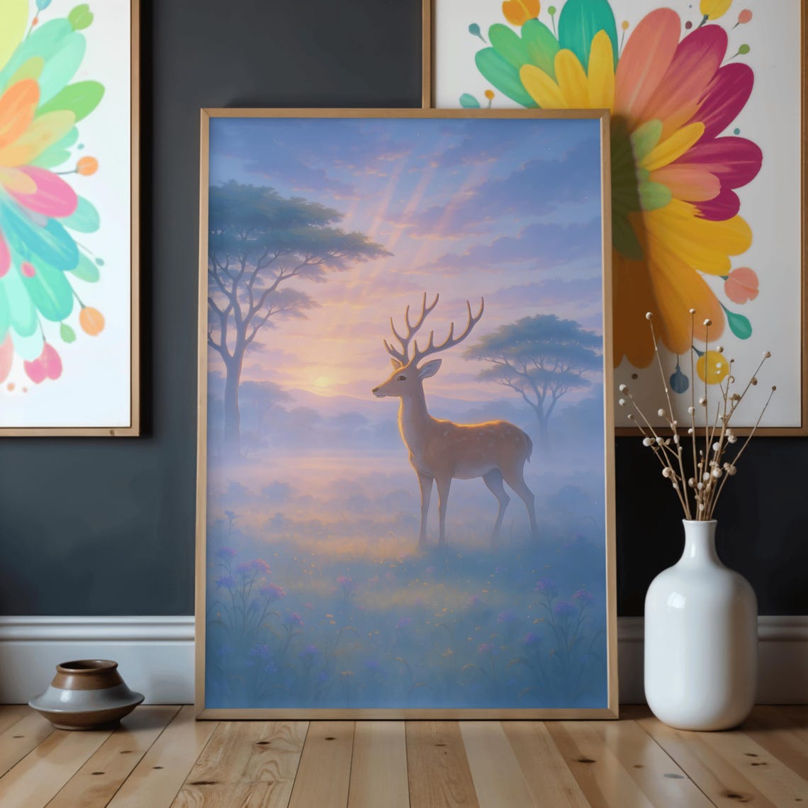 Majestic Deer Meadow Print Dreamy Pastel Wildlife Art