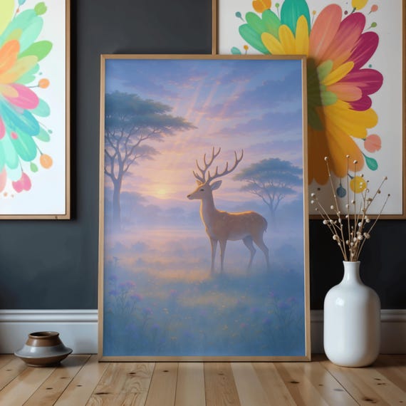 Majestic Deer Meadow Print Dreamy Pastel Wildlife Art