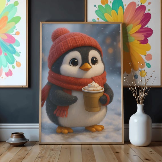 Cozy Winter Penguin Wall Art Cute Nursery Print Snowy Christmas Kids Decor Hot Cocoa