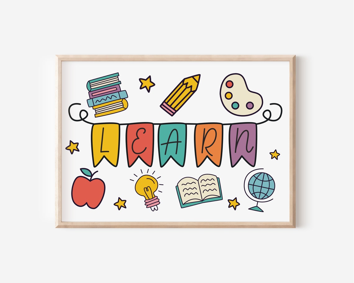 Learn Banner Classroom Decor Books Pencil Globe Kids Art Poster