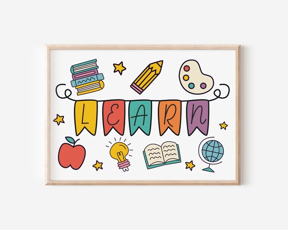 Learn Banner Classroom Decor Books Pencil Globe Kids Art Poster