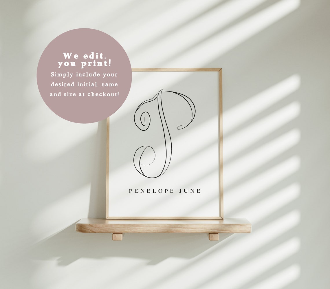 Script L Initial Custom Baby Girl Name Floral Nursery Poster - Image 2