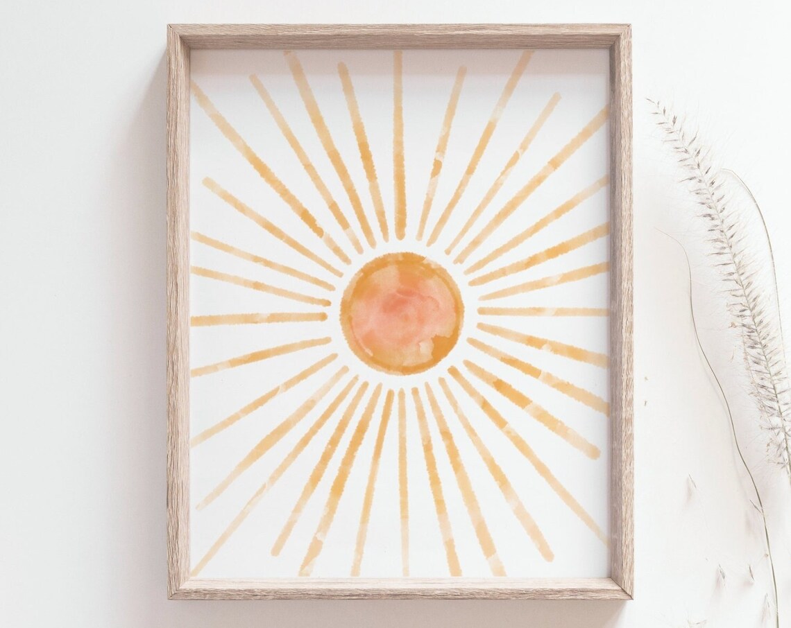 Boho Sun Poster, Watercolor Sunset Wall Art