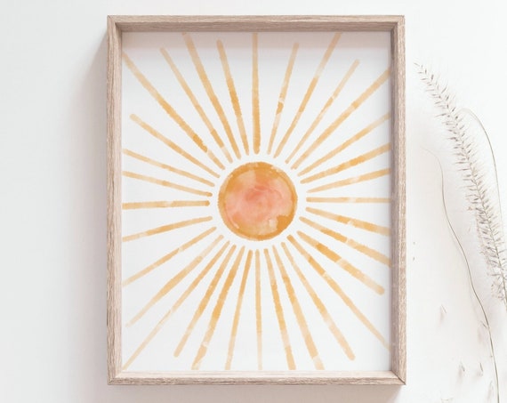 Boho Sun Poster, Watercolor Sunset Wall Art