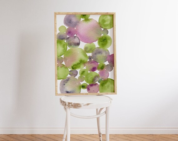 Green Dots Abstract Watercolor Art Print Colorful Living Room Decor