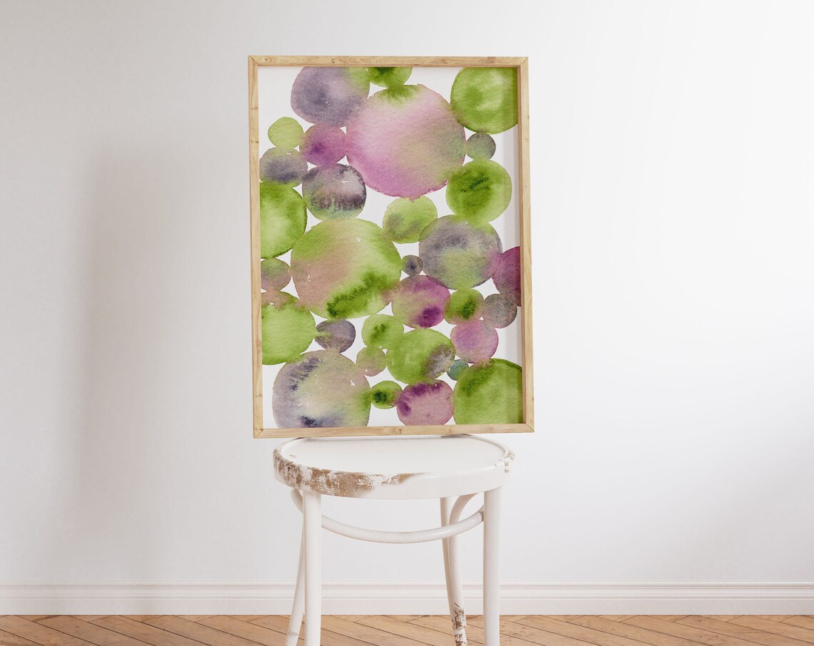 Green Dots Abstract Watercolor Art Print Colorful Living Room Decor