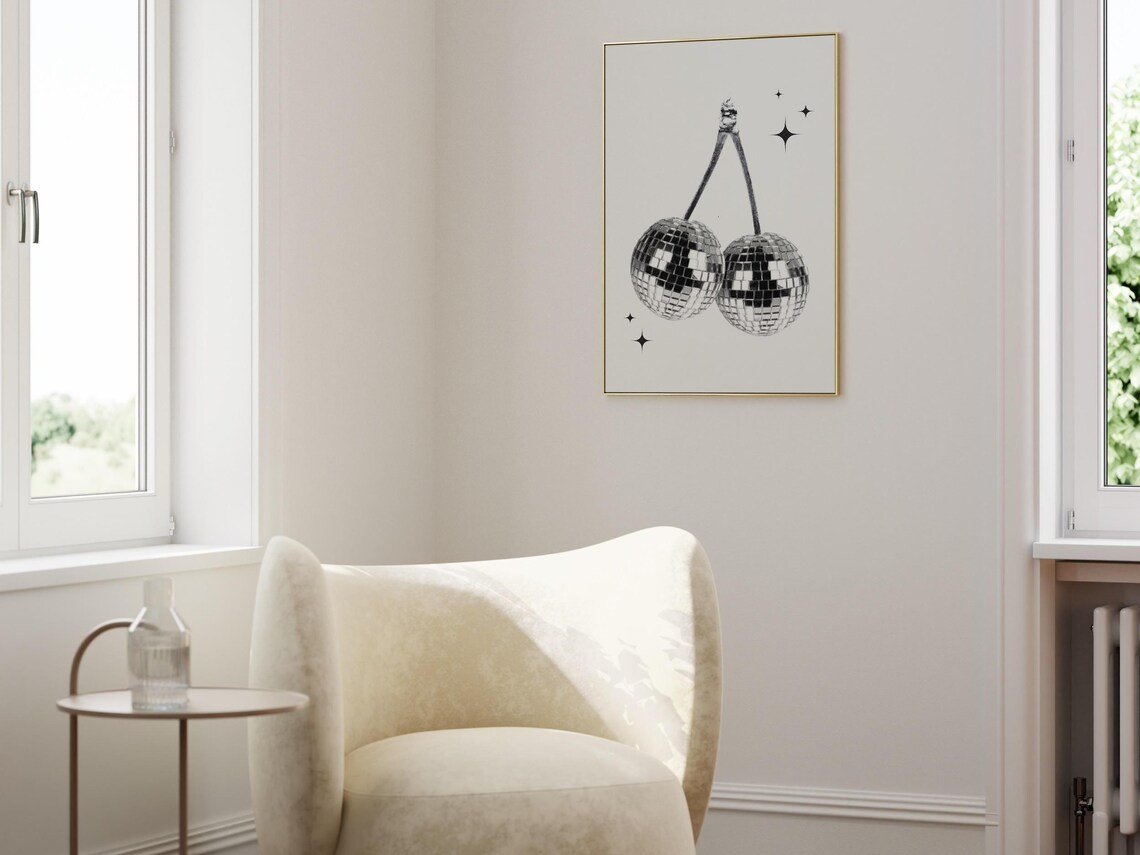 Disco Ball Cherries Black and White Sparkle Trendy Party Poster - Image 3