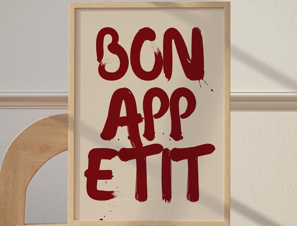 Bon Appetit Red Brush Lettering French Kitchen Typography Poster