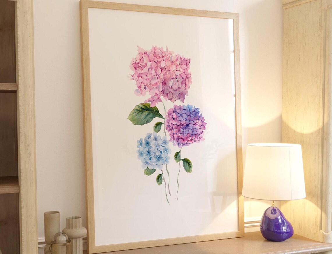 Pink Hydrangea Watercolor Painting, Minimalist Nursery Decor