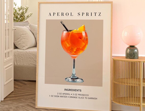 Aperol Spritz Art Print Bar Cart Decor Cocktail Poster Party Signature Drink Sign Trendy Wall Minimalist Elegant Sophisticated Retro Beige