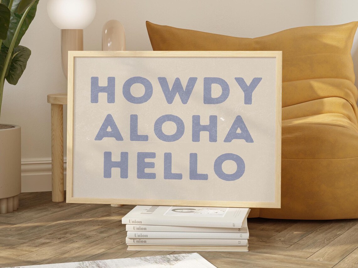 Howdy Aloha Hello Blue Typography Minimalist Western Decor Poster