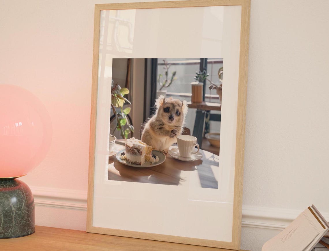Tiny Rodent Enjoying Cake And Coffee At Sunny Kitchen Table Poster