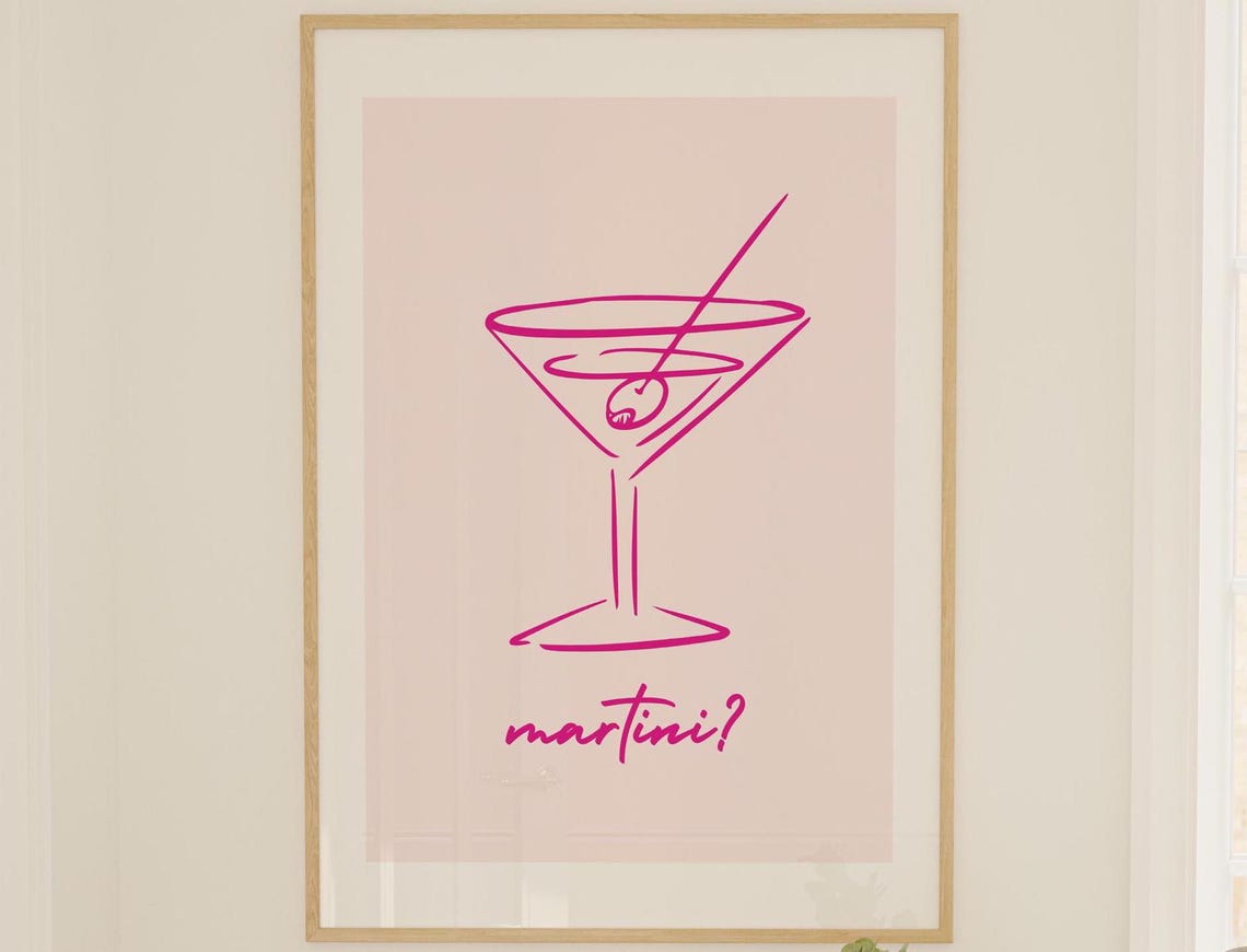 Pink Martini Glass Line Art Playful Martini Question Bar Poster