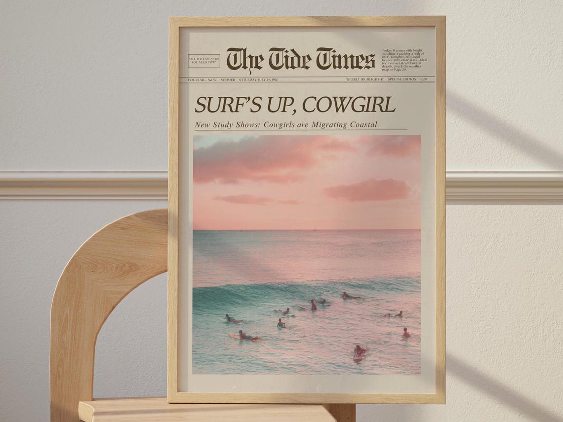 Coastal Cowgirl Wall Art Newspaper Print Poster New York News Beachy Western Vintage Bar Cart Retro Surfing Beach