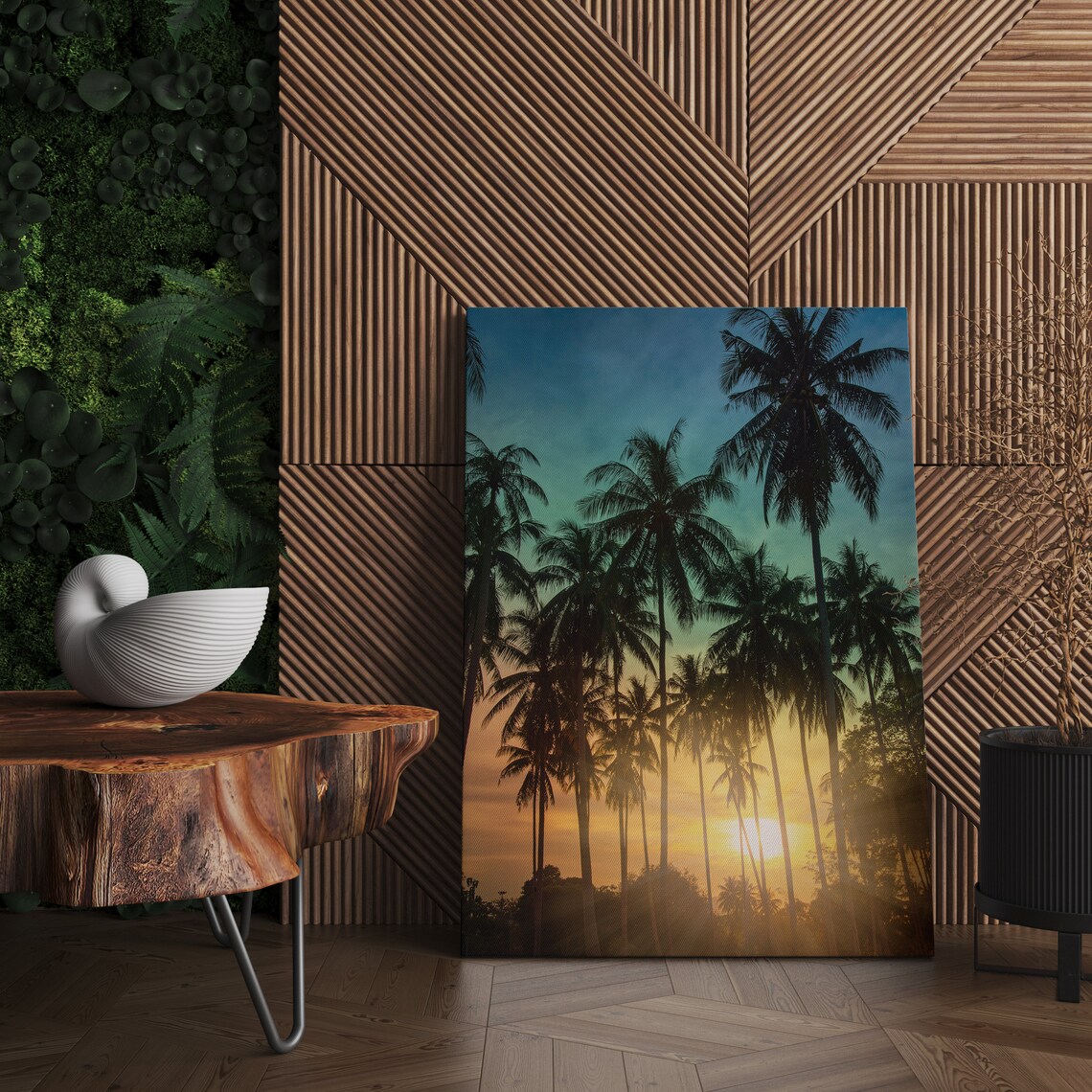 Tropical Palm Tree Silhouettes Against Golden Sunset Sky Poster - Image 2