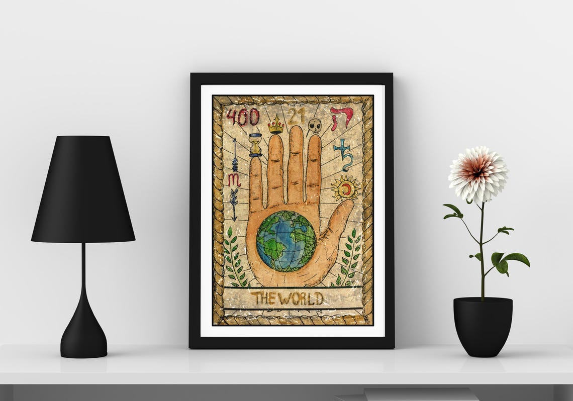The World Tarot Card Hand Holding Earth Vintage Divination Art Poster