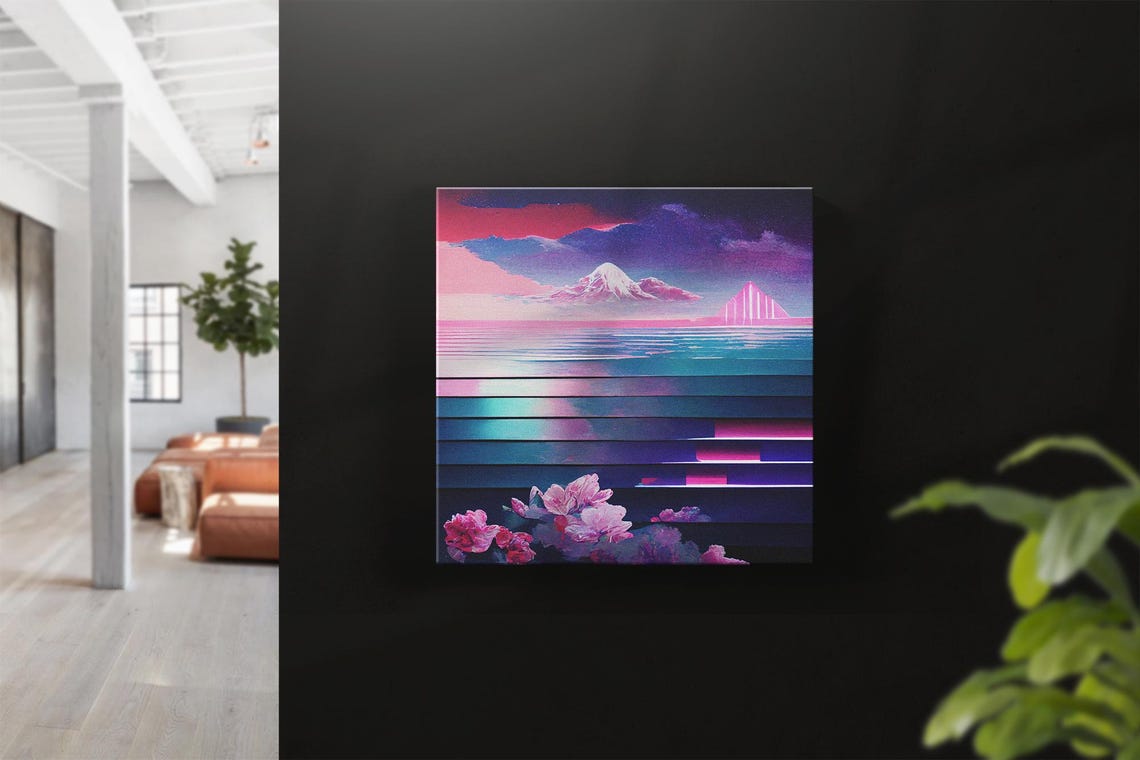 Mount Fuji Pink Sunset Over Ocean Cherry Blossoms Vaporwave Art Poster - Image 3