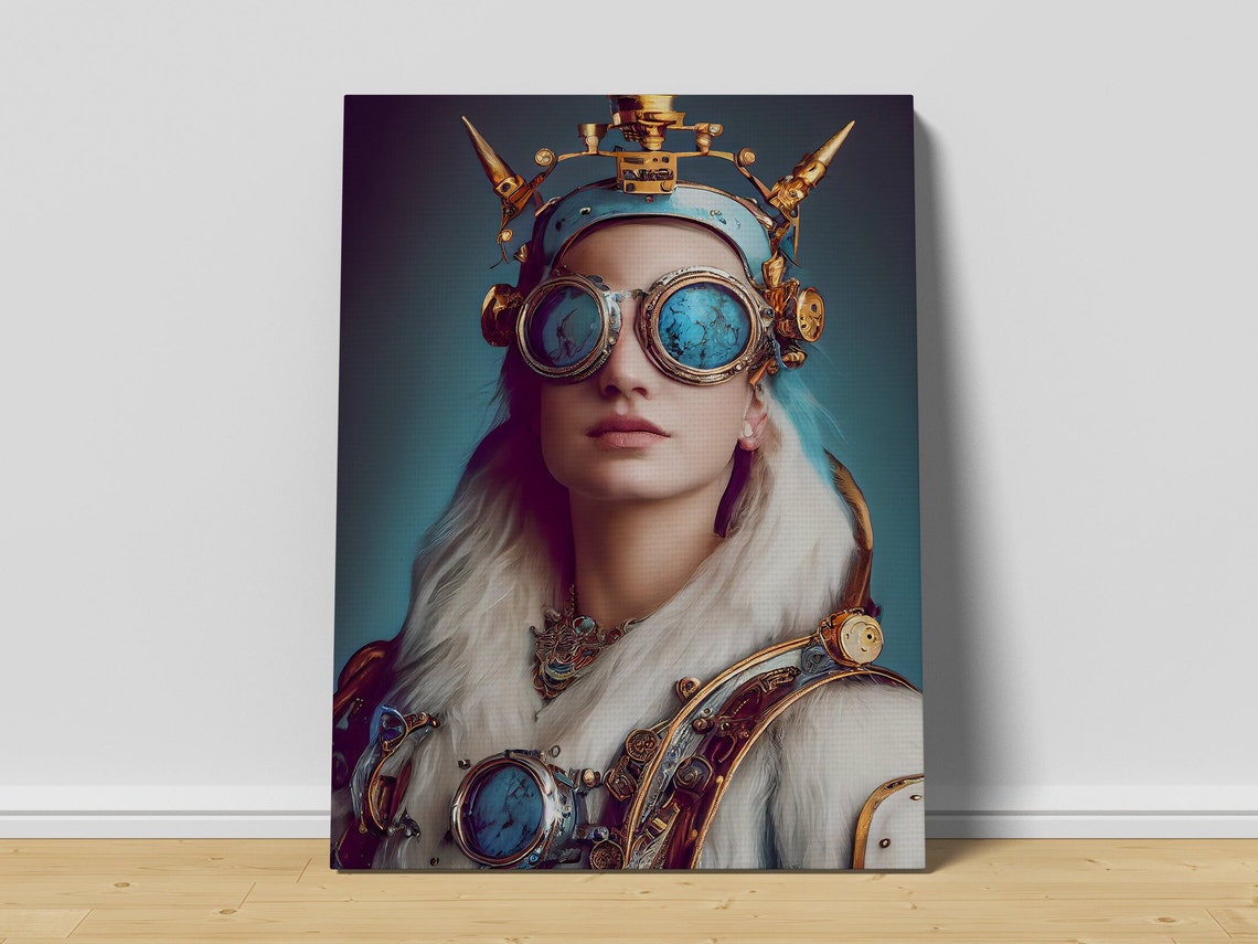 Steampunk Woman Portrait with Brass Goggles and Spiked Crown Poster - Image 3