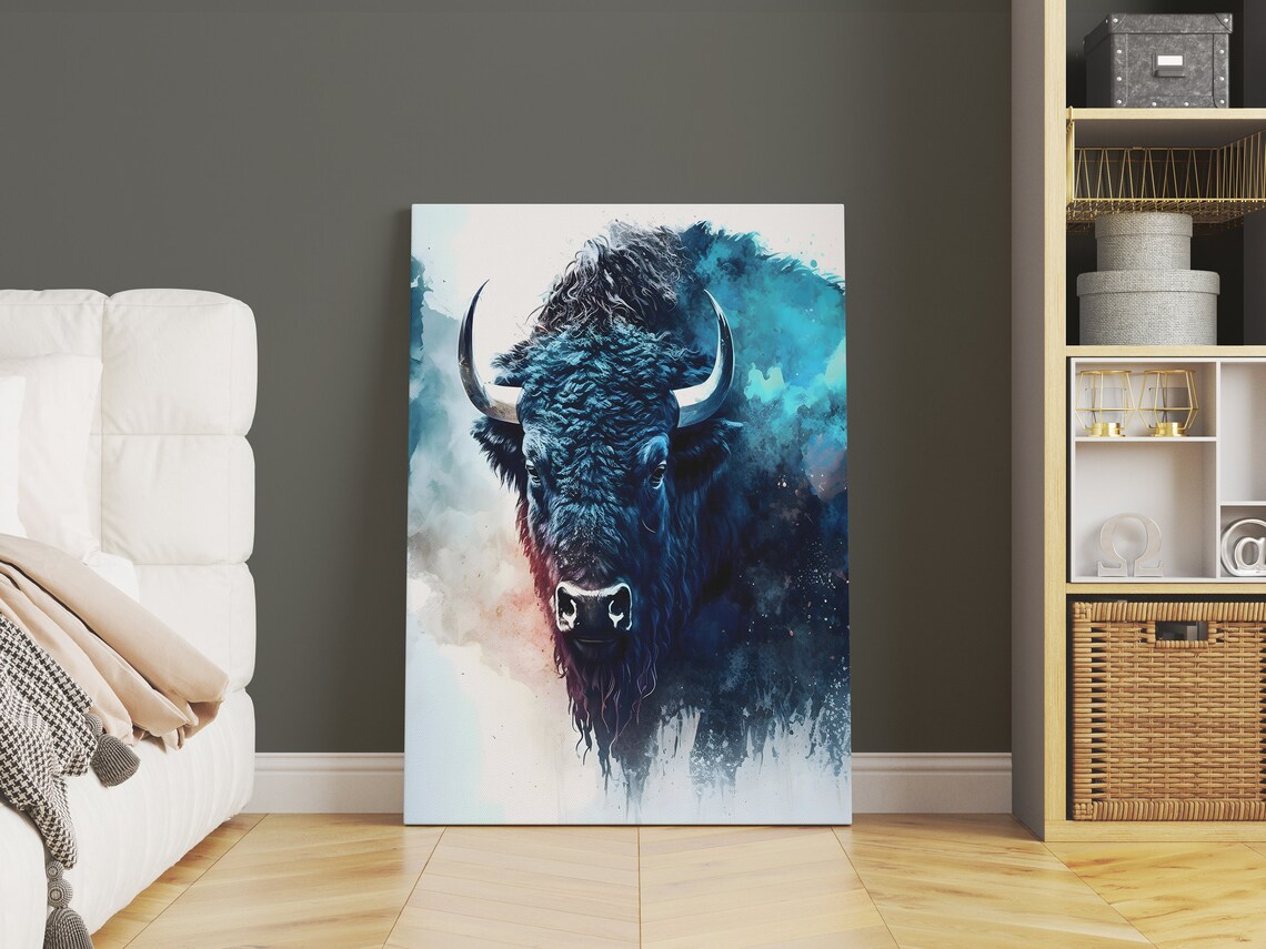 Blue Buffalo Bison Head Watercolor Portrait Wildlife Western Art Poster - Image 3