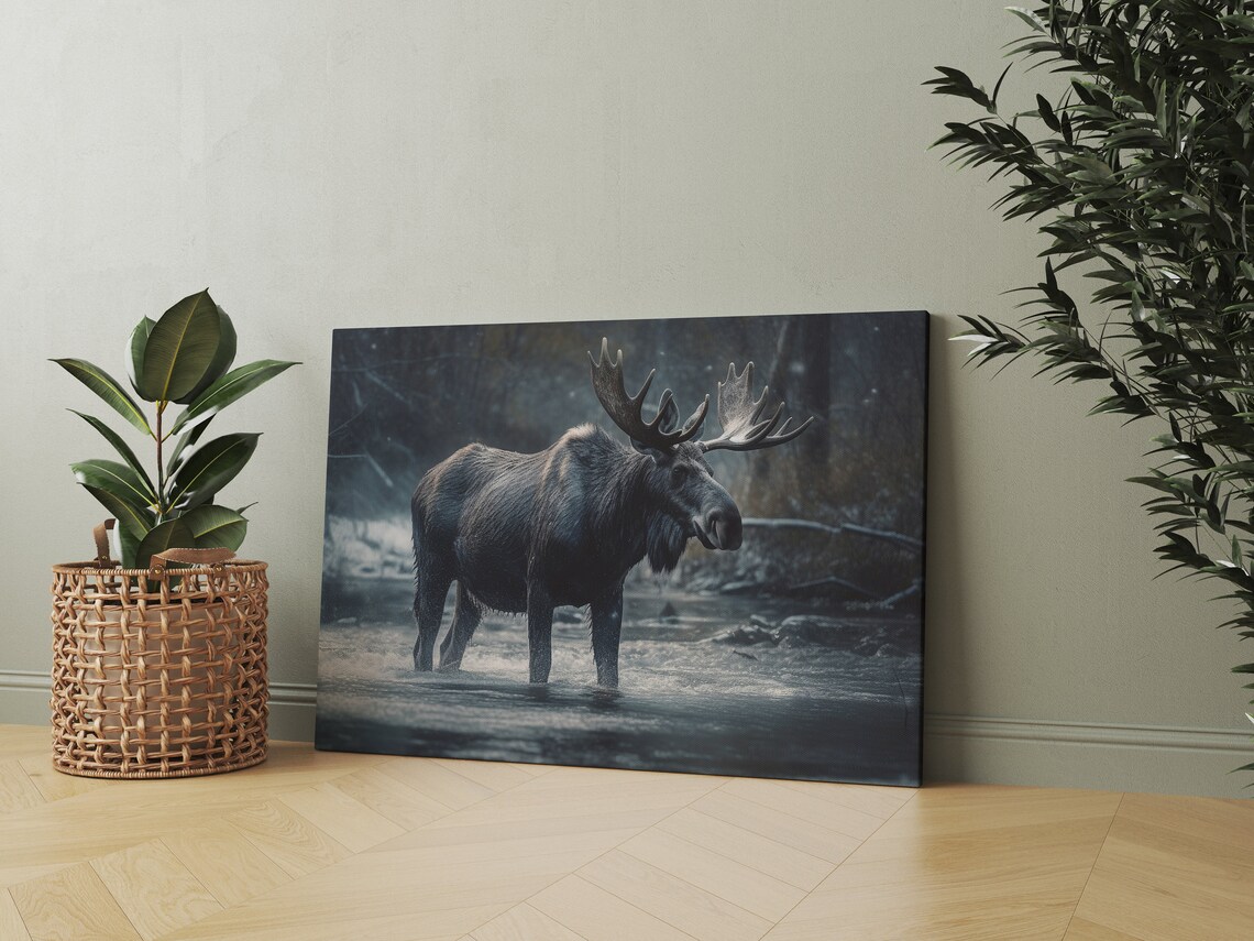Bull Moose Standing in Water Snowy Forest Wildlife Photo Poster - Image 3